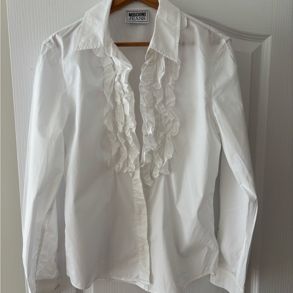 Moschino White Ruffled Button-Up Shirt